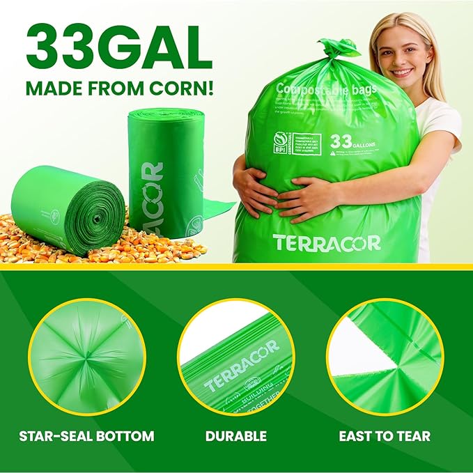 30-33 Gallon Compostable Trash Bags Liners Flat-Top, Heavy Duty Extra Thick 1.28 Mil, 124.92 Liter, 30 Bags, Lawn, Yard, and Restaurant Use, ASTM D6400, US BPI Certified