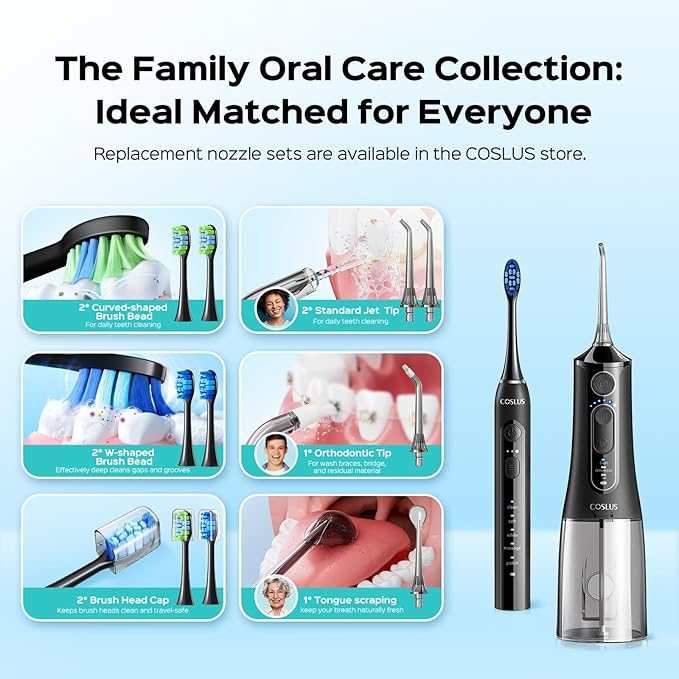 COSLUS C51C30 Electric Toothbrush with Water Flosser Combo: Portable Oral Clean Kit for Teeth Brushing & Flossing, Multiple Modes for Multiple Users, Cordless for Home & Travel Use, Black