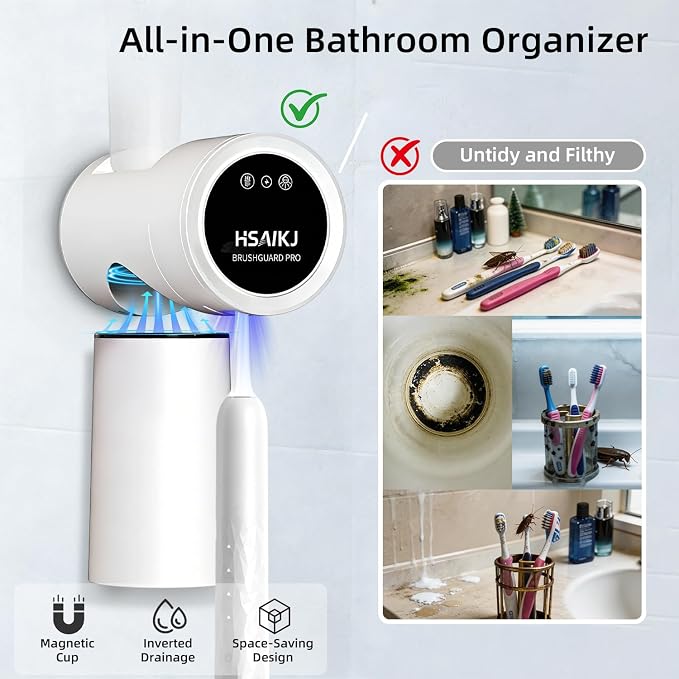 Wall Mounted Toothbrush Holder Set, Family + Single Bathroom Organizer Bundle with Active Airflow Drying, Smart Sensor Lid, Rechargeable, No-Drill Installation