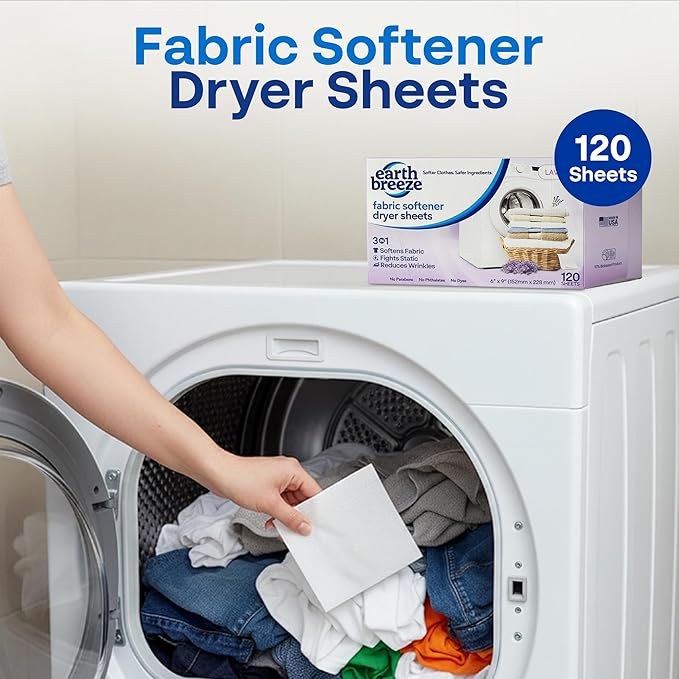 Earth Breeze Fragrance Free Laundry Detergent & Dryer Sheets Bundle – 3PK Laundry (180 Loads) + 2PK Dryer Sheets (120 Loads) – Made in USA, Hypoallergenic