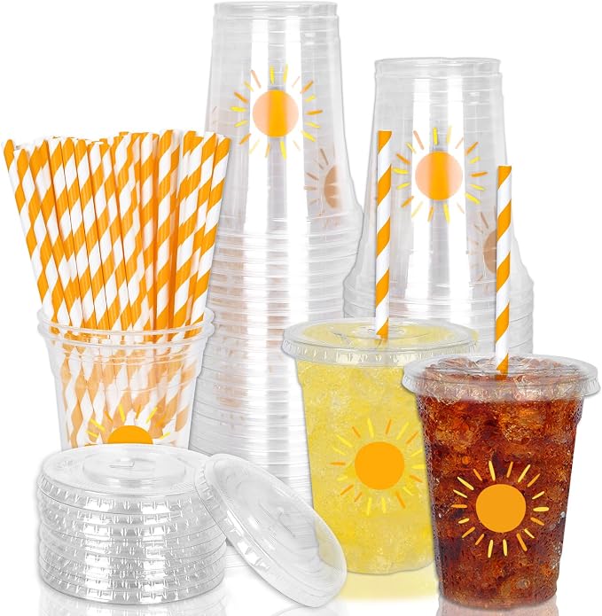 Whaline 50Pcs Boho Sun Disposable Plastic Cups with Lids and Straws 12 Oz Sunshine Cold Beverage Drinking Cups for Birthday Baby Shower Party Supplies