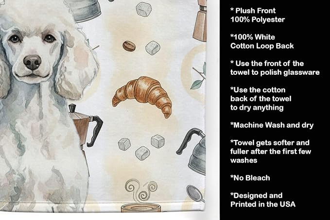 Caroline's Treasures Standard White Poodle Coffee Bar Kitchen Towel Velour Plush Front and Cotton Loop Back Machine Washable