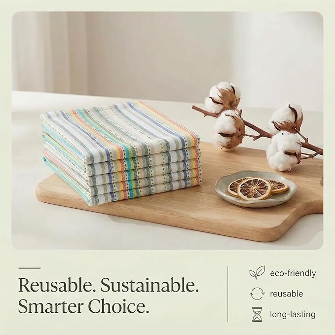 Urban Villa Kitchen Towels 100% Cotton Dish Towels for Kitchen(Set of 6)20”x30” Dish Cloths Highly Absorbent Kitchen Linen Set with Hanging Loop Perfect for Drying Dishes Cleaning Towels-Beige Stripes