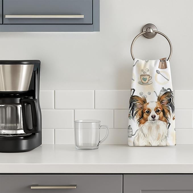 Caroline's Treasures White with Sable Papillon Coffee Bar Kitchen Towel Velour Plush Front and Cotton Loop Back Machine Washable