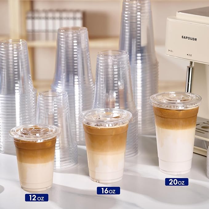 JOLLY CHEF 12 oz Plastic Cups with Lids, 500 Packs Crystal PET Clear Cups, Disposable Ice Coffee Cups with Lids For Coffee Milkshake Daily Use, Party, Wedding, Christmas