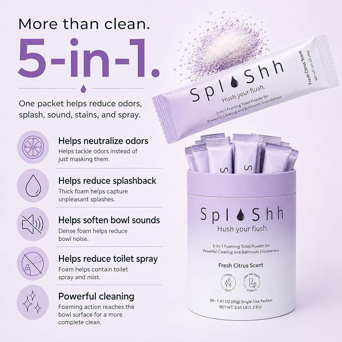 SplaShh 5 in 1 Foaming Toilet Bowl Cleaner, 30 Powder Packets, Fresh Citrus Scent, No Harsh Chemicals, Easy Clean, Replaces Sprays, Pods & Tablets, Stain & Odor Remover, Convenient Pouches