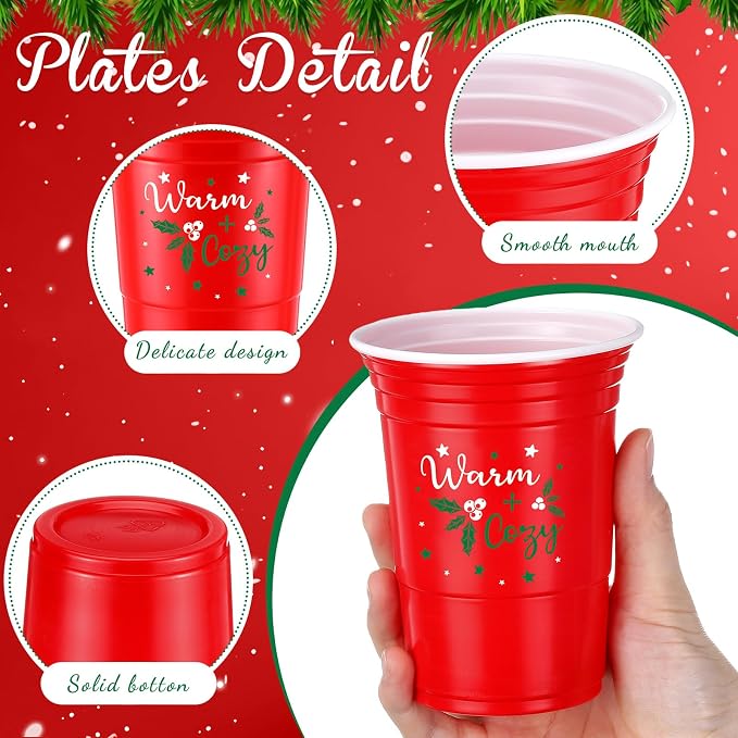 Pickmesh 50 Pcs Christmas Plastic Cups 16oz Red and Green Merry Bright Disposable Cups for Xmas Party Supplies Seasonal Holiday Party Tumblers for Hot Cold Drinks Coffee Juice Beer Candy Snacks