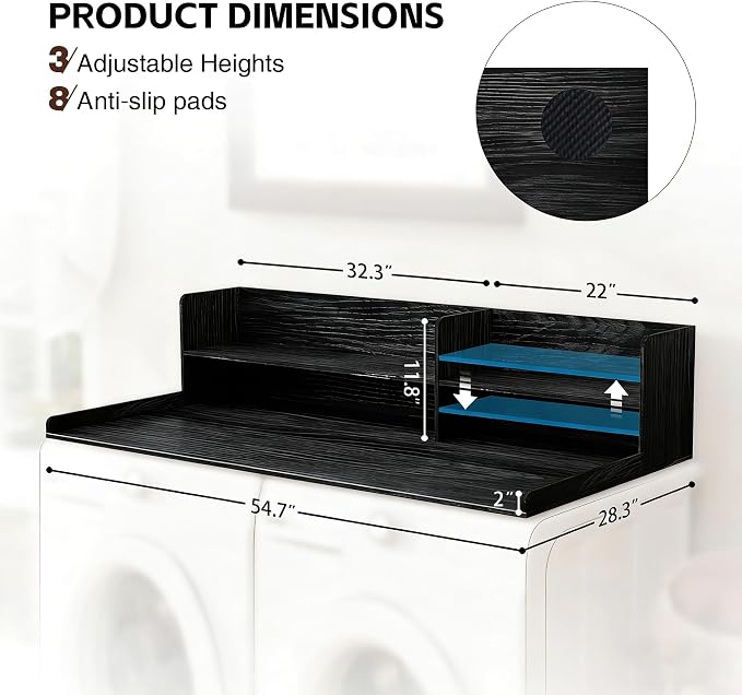 Wooden Washer Dryer Countertop Shelf, Laundry Countertop,54.7"X 28.3"Black | Washer And Dryer Countertop Adjustable Shelf,Washing Machine Topper 3-In-1 Folding Sorting & Ironing,Space Saving Laundry