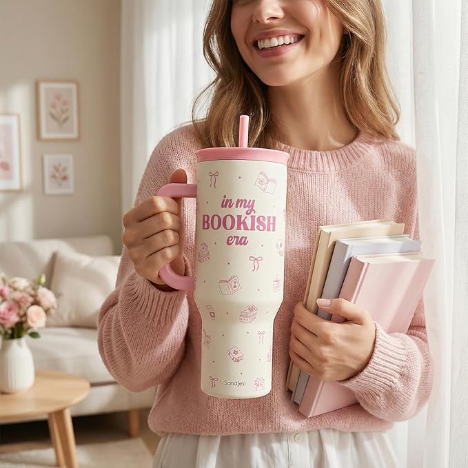 SANDJEST Book Lovers 40oz Tumbler With Handle and Straw, in My Bookish Era Insulated Stainless Steel Travel Coffee Mug for Women Girls Bookworms, Gift Idea for Birthday Christmas Mothers Day