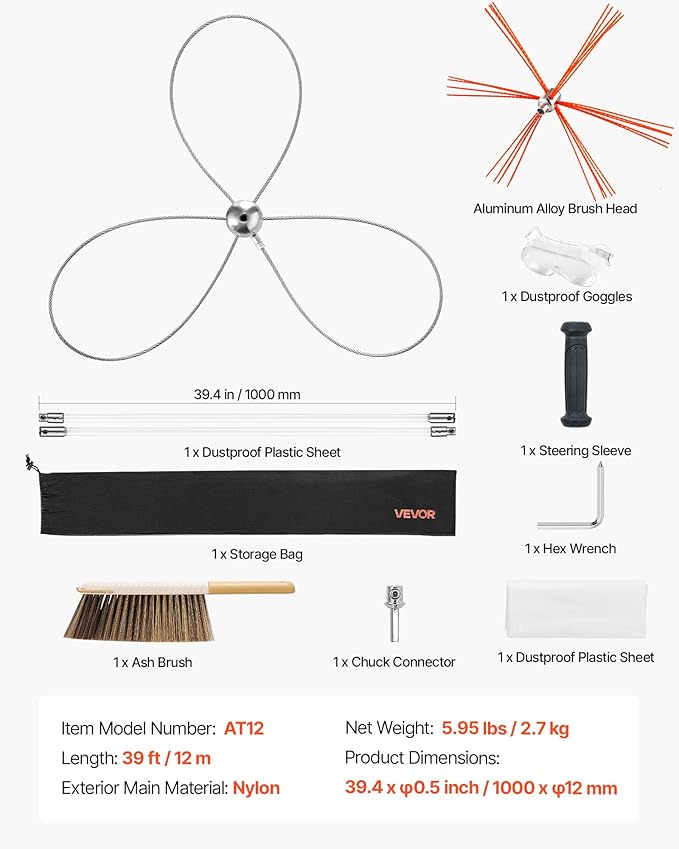 VEVOR Chimney Sweep Kit, 39 ft Maximum Extendable Length Chimney Brush, Chimney Cleaner Sweeper with Dual Brush Heads & Bristle Replacements, Fireplace Cleaning Tool for Square, Rectangle Chimneys