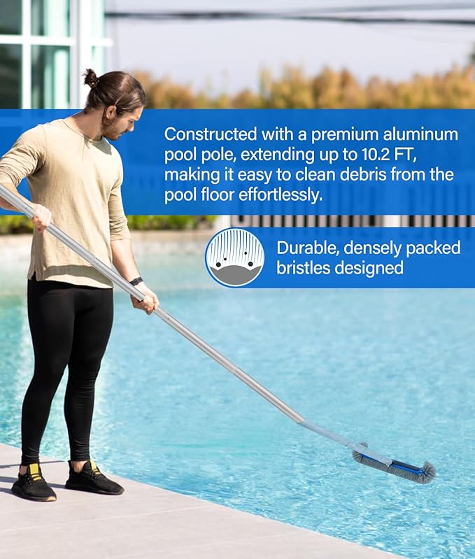 4-in-1 Deluxe Pool Cleaning kit, Pool Cleaning Tools with 10Ft Adjustable Pole, 13.4'' Fine Mesh Skimmer Net, 17.3'' Swimming Pool Brush & Extra Brush Head for Cleaning Inground & Above Ground Pools