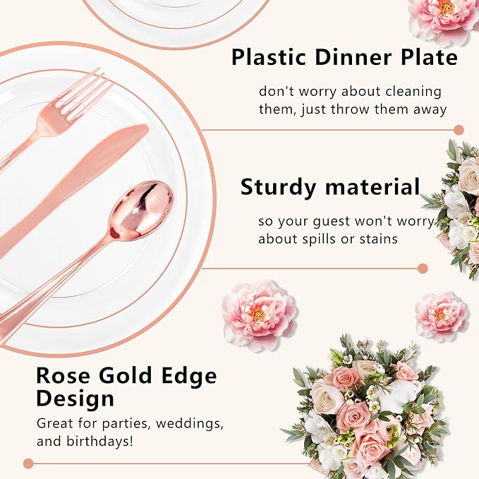 GATHER 350PCS Rose Gold Plastic Plates - Disposable Rose Gold Dinnerware Includes 100 Clear Rose Golds Rimmed Plastic Plates, 150 Silverware, 50 Napkins, 50 Cups for Party, Wedding, Baby Shower