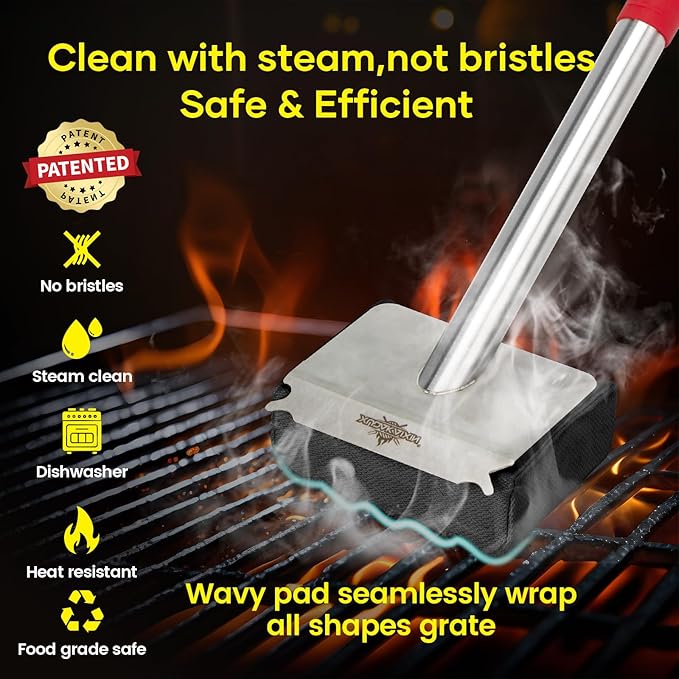 Bristle-Free Grill Brush – Upgraded Aramid Fiber Wavy Pad. Safe for Cast Iron, Porcelain, Weber Gas & Charcoal Grills. Replaceable Head – Perfect for Outdoor Grill Cleaning.
