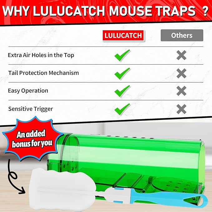 LULUCATCH Humane Mouse Traps 4 Pack, No Touch Catch and Release Live No Kill Rodent Traps, Reusable with Cleaning Brush, Pet Safe Indoor Outdoor Rodent Control for Mice, Rats, Chipmunks, Voles