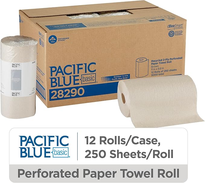 Georgia-Pacific Pacific Blue Basic 2-Ply Recycled Perforated Paper Roll Towel (Previously Branded Envision) By GP PRO (Georgia-Pacific), Brown, 28290, 250 Sheets Per Roll, 12 Rolls Per Case
