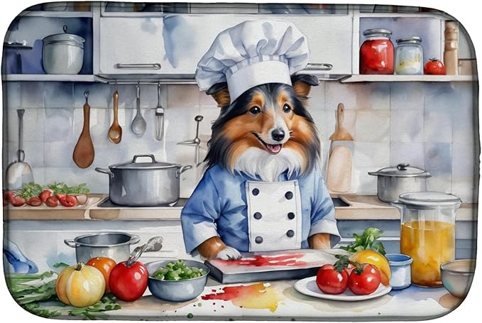 Caroline's Treasures DAC6325DDM Sheltie The Chef Dish Drying Mat Absorbent Dish Drying Mat Pad for Kitchen Counter Dish Drainer Mat for Countertop, 14 x 21", Multicolor