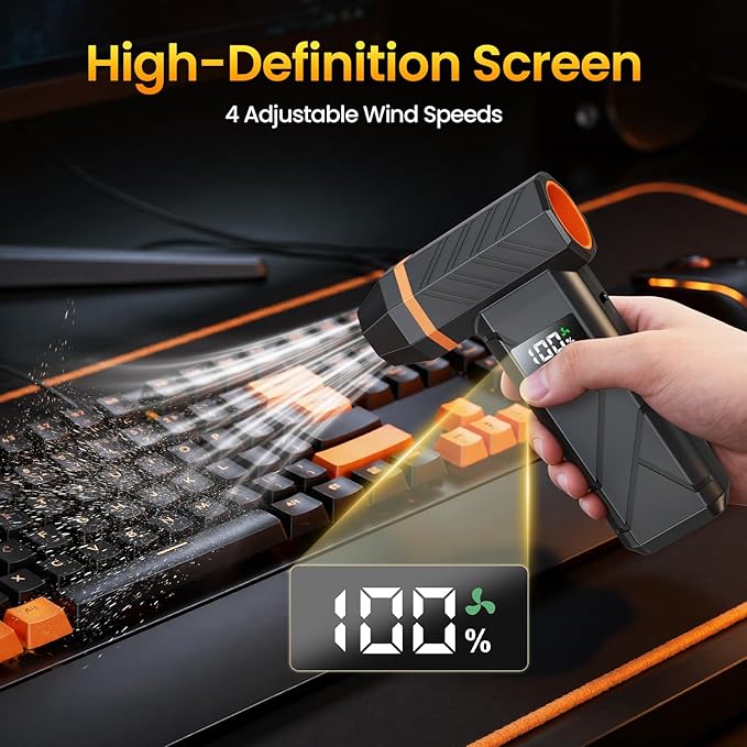 Dzaki Compressed Air Duster & Vacuum 2-in-1, 140000RPM Electric Air Duster, 4-Gear Adjustable Rechargeable Cordless Dust Blower with LED Light Fast Charging for Keyboard PC Car Home Outdoor-Orange