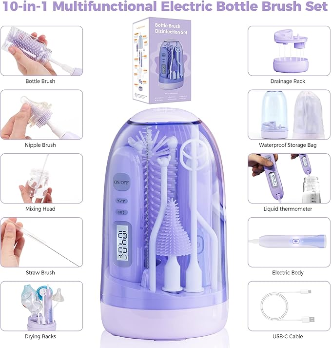 Electric Bottle Brush Cleaner,Rechargable Electric Baby Bottle Brush Cleaner with Thermometer,Silicone Bottle/Nipple/Straw Brush,Drying Rack,Travel Bottle Cleaner Kit for New Moms (Violet)
