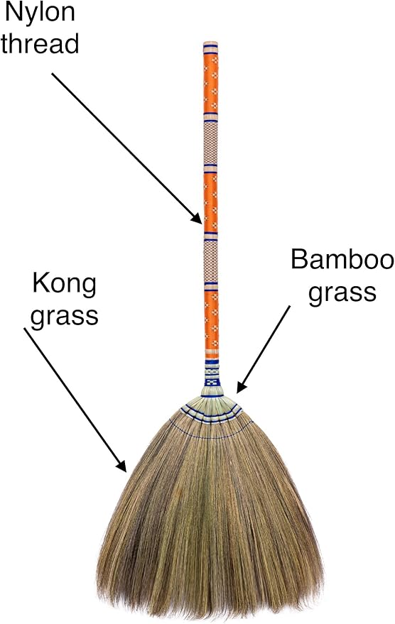 40 inch Length of Asian Flower Grass Broom Thai Natural Straw Broom Bamboo Stick Handle for Sweeping Dirt dust gaarbage and Home Decor (Thai Orange)