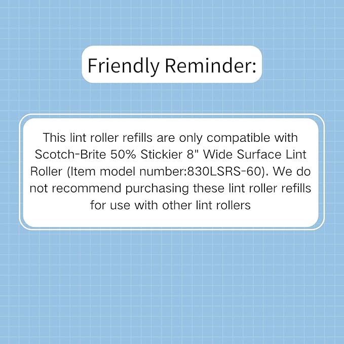 8 inch Large Surface Roller Refill for Scotch-Brite 50% Stickier Lint Roller, Works Great On Pet Hair (60 Sheets per Roll, 6 Pack)