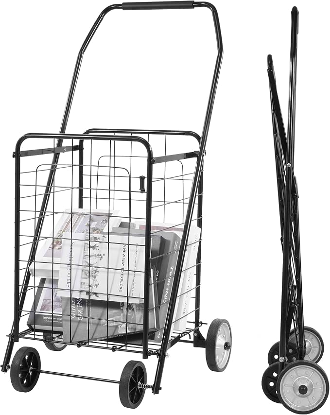 Elevon Foldable Shopping Utility Cart, Collapsible Durable Grocery Utility Cart with Rolling Wheels for Easy Storage, Laundry, Book, Luggage Travel, Compact Portable, Black