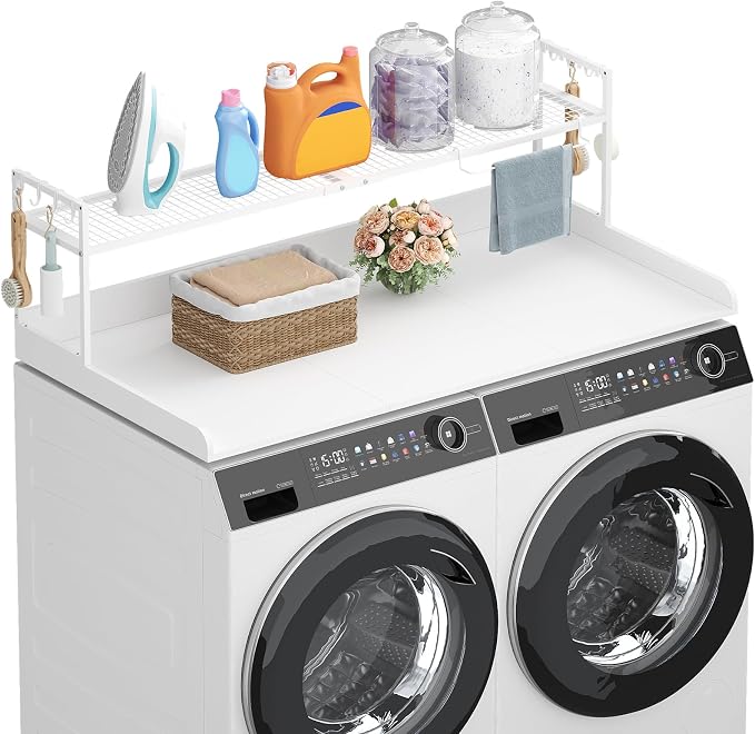 Lifewit Washer Dryer Countertop with Adjustable Shelf, Melamine Cover for The Top with Edge Rails, Towel Rack for Laundry Room Storage and Organization, Hold 200lbs, White, 54" x 27.5"