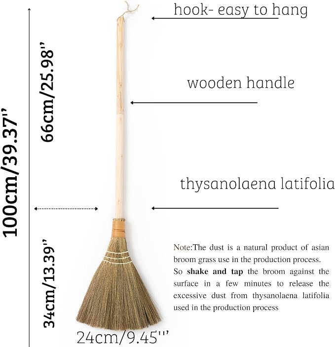 Handmade Whisk Sweeping Broom - Vietnamese Straw Soft Broom for Indoor or Outdoor Sweeping - Broom Decorative 9.45" Width, 39.37" Length