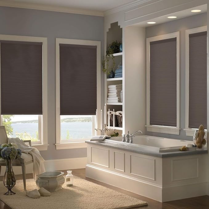 No Drill Cellular Shades, Brown Custom Size Cordless Light Filtering Pull Down Pleated Honeycomb Blind Thermal Insulated Easy Install for Indoor Window Bedroom Living Room Kitchen Door