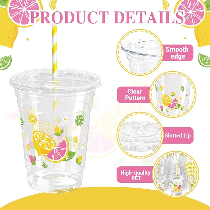 50 Sets Lemons Plastic Cups with Lids Straws 12 oz Yellow Pink Tropical Fruit Disposable Cups Summer Party Favor Drinking Beverage Cup for Baby Shower Birthday Party Supplies
