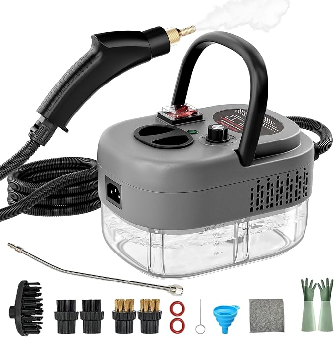 Steam Cleaner, Portable Pressurized Steamer for Cleaning with 14pcs Accessories, 6-Level Adjustable and 15s Heat-Up, Handheld Steam Cleaner for Home, Tile, Dirt, Grout, Grease, Car Detailing (Gray)