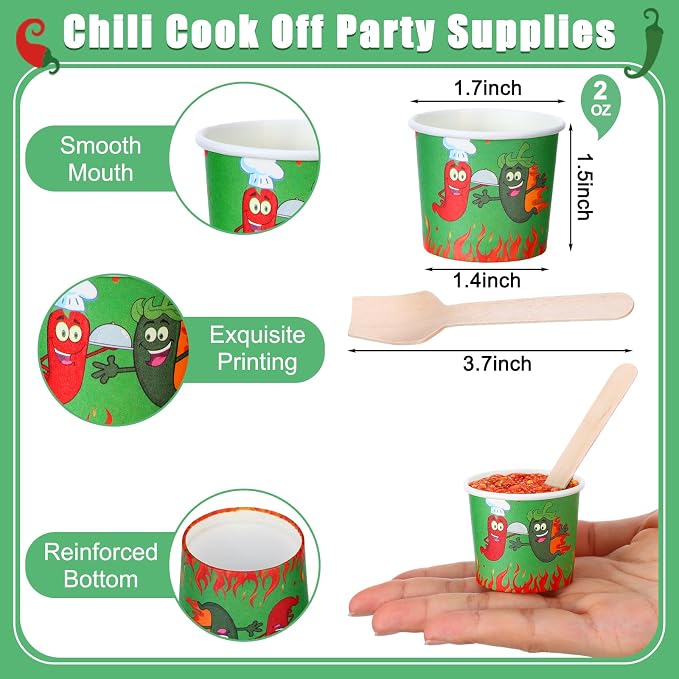 Teenyyou 100 Pcs Chili Cook off Tasting Cups Set, 50 Pcs 2 oz Mini Chili Cookoff Paper Cups and 50 Wooden Spoons Pepper Cook off Party Decorations for Competition Prize Party Cooking Supplies (Green)