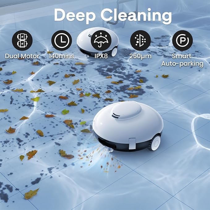 Cordless Pool Vacuum, Automatic Pool Cleaner Robot with 120 Min Runtime, Powerful Dual-Motor, Auto Park, for Above Ground Pools and Flat In-Ground Pools up to 850 Sq.Ft