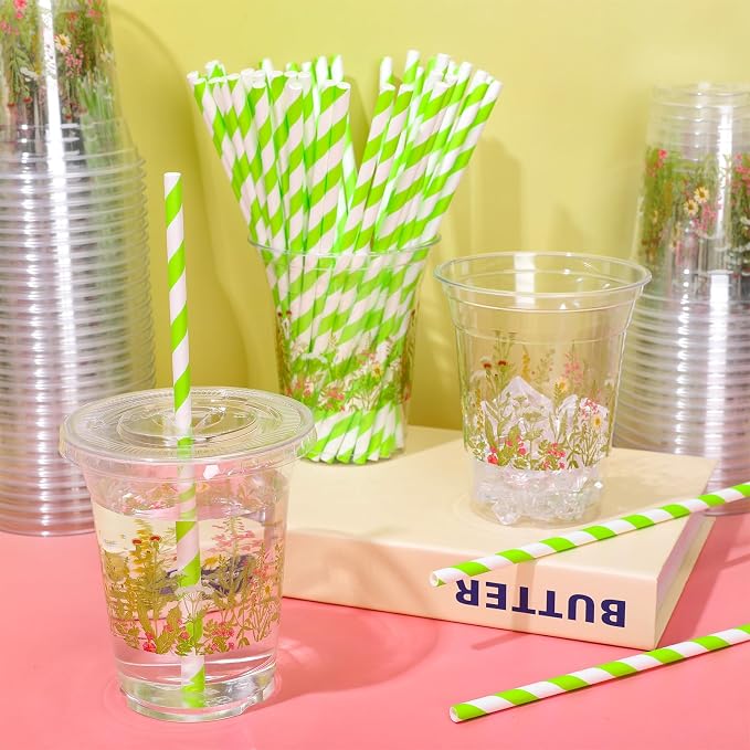 JarThenaAMCS 50Pcs Wildflower Plastic Cups 12 Oz Spring Summer Vintage Floral Cold Beverage Drinking Cups with Lids and Straws Disposable Stackable Party Cup for Baby Shower Birthday