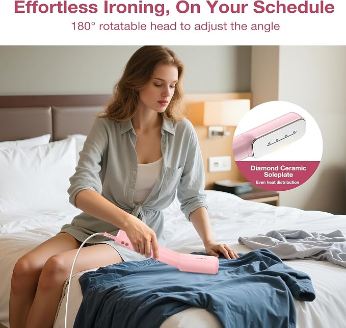 Newbealer 100-240V Clothes Steamer, 2in1 Travel Iron, 2 Steam Levels, 90ml | Portable for On-the-Go, Heats in 20s, Dry Iron No Clamp, 180° Swivel Head, 360° Leak-Proof, Auto-Off, Self-Clean, Light Pink