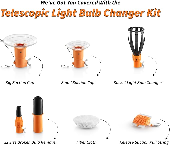 4-12 ft Telescopic Light Bulb Changer for High Ceilings with Ceiling Fan Blade Duster Cleaner // Light Bulb Remover Kit - Suction Cups, Basket and Microfiber Cloth // Washable & Flexible Fan Duster
