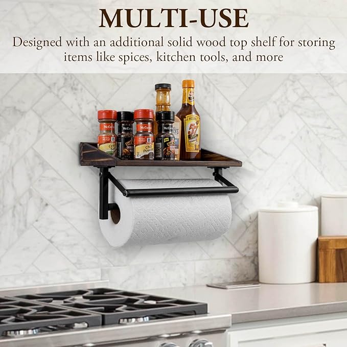 MyGift Paper Towel Holder for Kitchen, Shabby Whitewashed Wood Farmhouse Wall Mounted Kitchen Napkin Dispenser Rack with Top Storage Shelf Spice Racks (Matte Black Metal Paper)