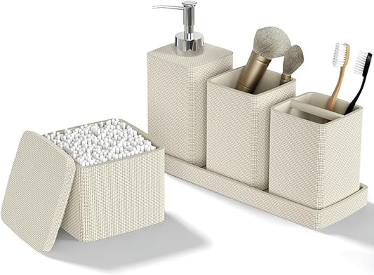 Beige Bathroom Accessories Set 5 Pieces, Resin Toothbrush Holders Set Complete with Soap Dispenser, Toothbrush Holder, Vanity Tray, Bathroom Tumbler and Qtip Holder for Small Spaces