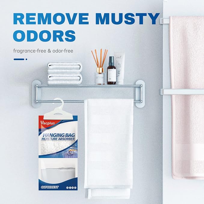 Vacplus Moisture Absorbers 30 Pack, Fragrance Free Hanging Humidity Packs with Sturdy Hook, Effective Closet Dehumidifier for Bathroom, Laundry Room, Basement, 9.8Oz