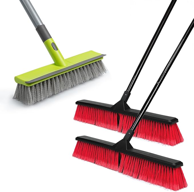 Floor Scrub Brush and 2Pack 24-inches Push Brooms, 2 in 1 Floor Brush and 24" Outdoor Push Broom Brush for Floor Cleaning