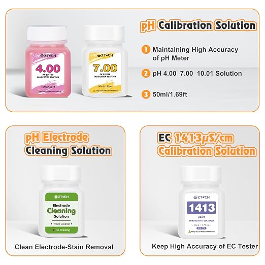 pH Meter for Water Hydroponic with Calibration Solution, 4 in 1 pH Meter with pH 4.0 7.0 & EC 1413μS/cm Calibration and Probe Cleaning Solution for Water, Pool, Aquarium, Fish Tank