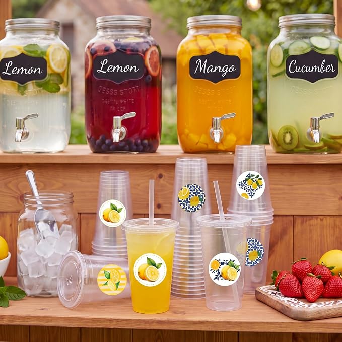 Yungyan 25 Sets Lemonade Cups with Lids Straws 32 oz Clear Plastic Cups Include Lemon Slicer, Muddler, Straw Puncher, Stickers and Straw Brush Summer Lemonade Stand Supplies Kits for Lemon Bar