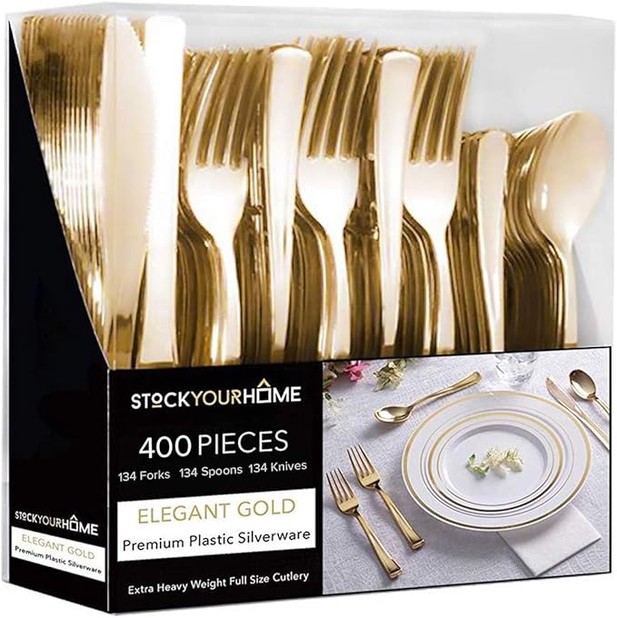 Gold Plastic Silverware Set (400-Pack) – Disposable Heavy Duty Cutlery, 134 Forks, 134 Knives, 134 Spoons for Parties, Weddings, Dinners & Holidays