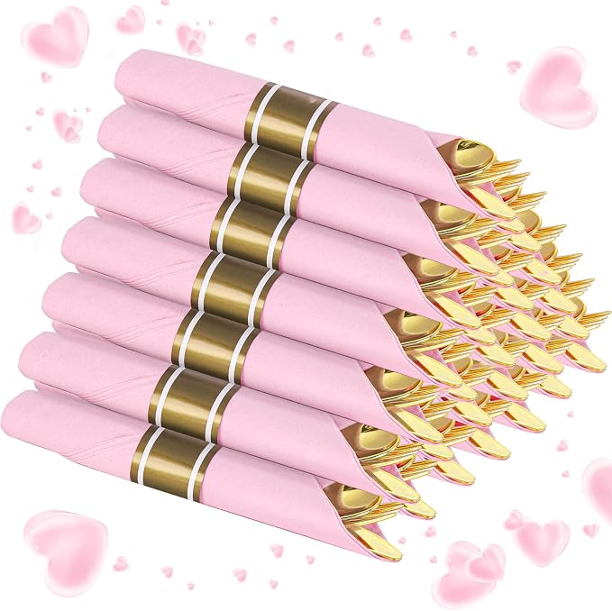 Supernal Gold Plastic Silverware Set with Pre Rolled Pink Napkin-Disposable Cutlery with Pink Linen Napkin Gold, Wrapped Plastic Silverware Heavy Duty Suit for Birthdays, Parties, Weddings 30Packs
