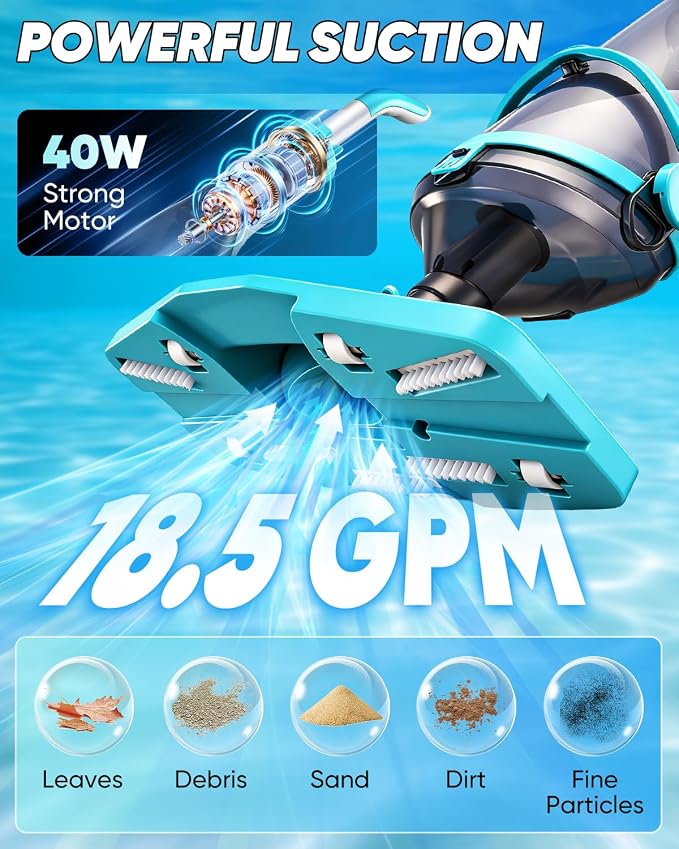 Saker Handheld Pool Vacuum for Above Ground Pool, Cordless Pool Cleaner with Telescopic Pole, 18.5 GPM Powerful Suction, 60-Min Runtime Rechargeable for Inground Pools, Spas, Hot Tubs