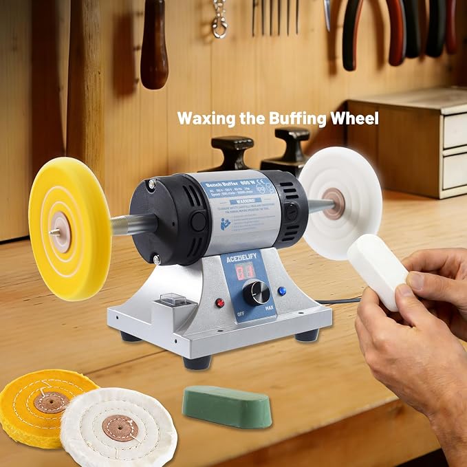 800W Jewelry Polisher, Variable Speed Bench Polishing Machine, Profesional Desktop Buffer Motor with 4'' Cotton, 3'' Fiber Buffing Wheels, Safe Glasses, Polish Compound for Jewelry Metal