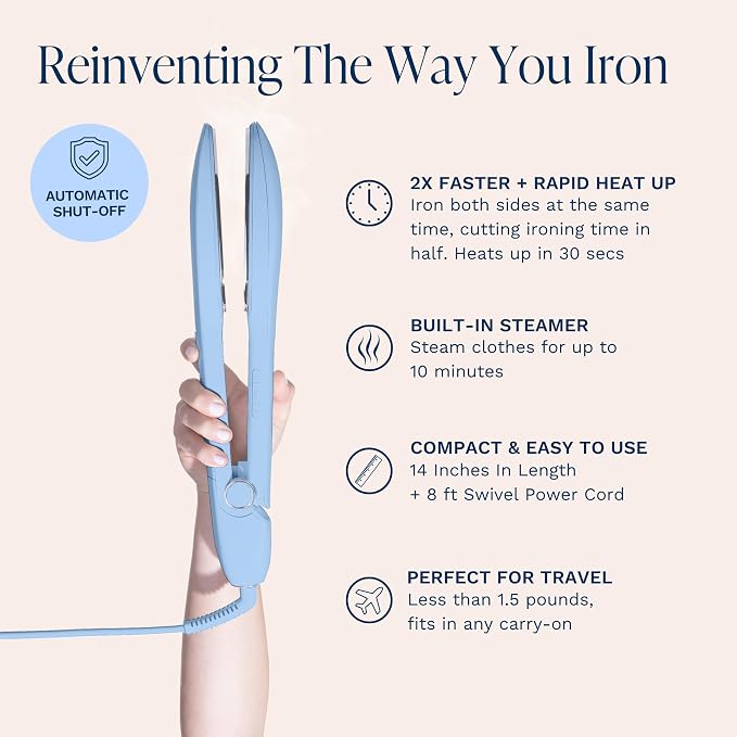 Nori Press Travel Steam Iron - Handheld Iron With Optional Steam Feature - No Ironing Board Required - Easy to Use w/ 6 Fabric Settings - Removes Wrinkles - User Manual Included -Blue