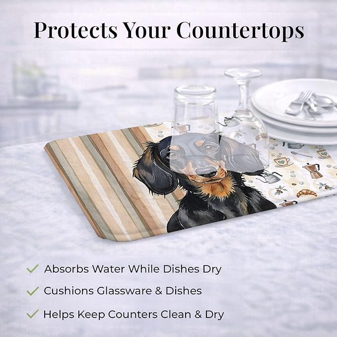 Caroline's Treasures Longhaired Black and Tan Dachshund Coffee Bar Dish Drying Mat Absorbent Dish Drying Mat Pad for Kitchen Counter Dish Drainer Mat for Countertop, 14 x 21", Multicolor