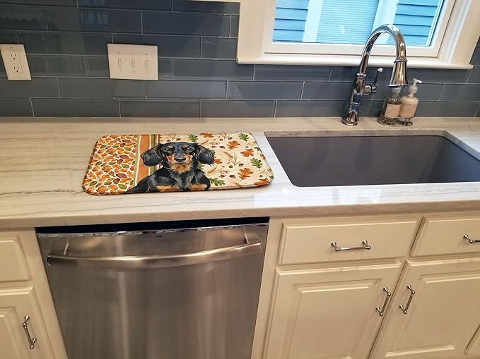 Caroline's Treasures Longhaired Black and Tan Dachshund Heirloom Fall Dish Drying Mat Absorbent Dish Drying Mat Pad for Kitchen Counter Dish Drainer Mat for Countertop, 14 x 21", Multicolor