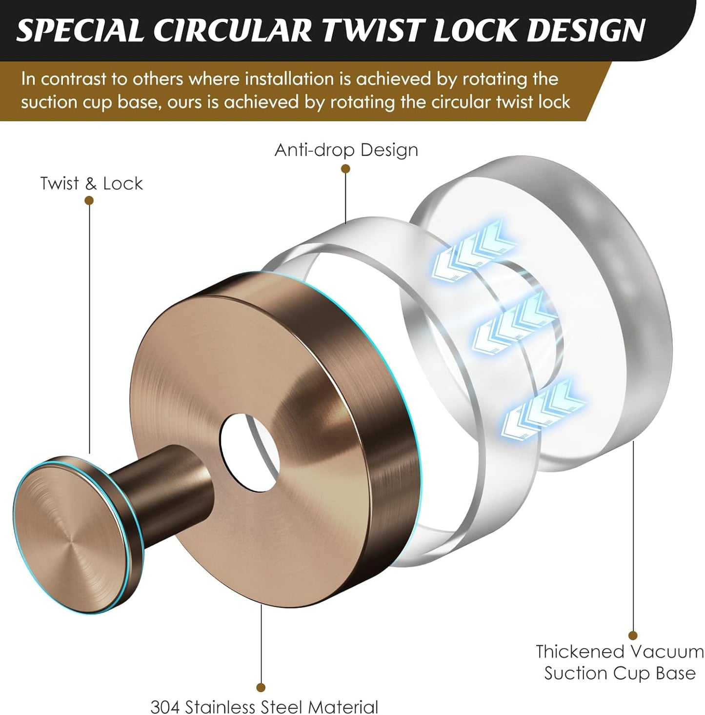 Suction Cup Hooks for Shower,4Pcs Shower Towel Suction Hooks,No Drill Towel Hooks for Bathroom Wall,Kitchen,Glass,Mirror,Tile to Hang Towels,Robes,Loofah-Champagne Bronze