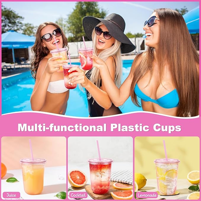KesaPlan 100 Pack 16 oz Pink Plastic Party Cups with Lids and Straws, Disposable Iced Coffee Cup with Lids, Round Bottom Drinking Cups for Birthday Wedding Valentine's Galentine's Bachelorette Party